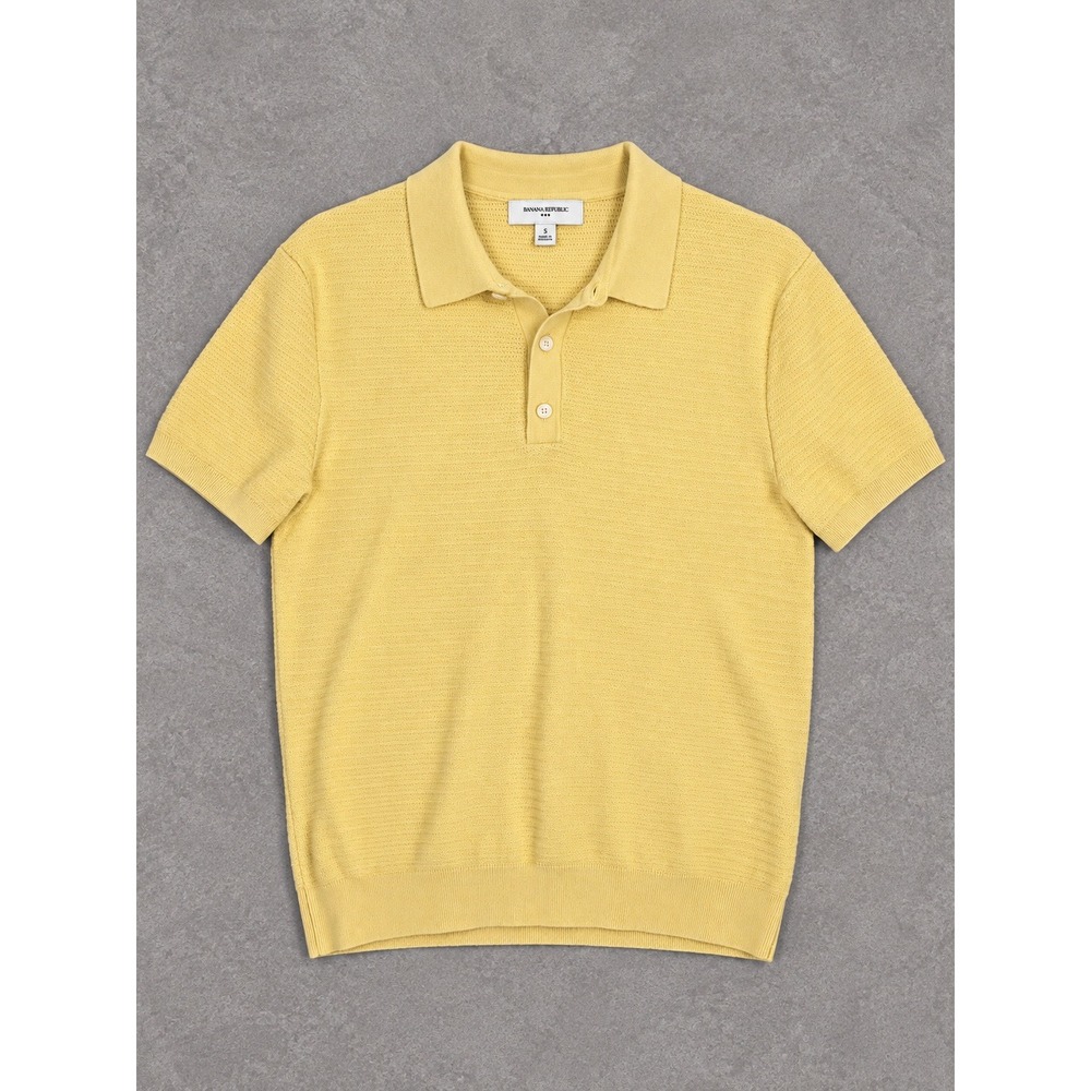 Banana Republic Knit Polo Shirt Mens Small Yellow Cotton Blend Textured Ribbed